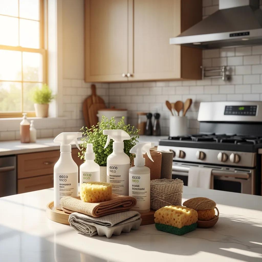 Eco-friendly cleaning products arranged in a clean kitchen setting