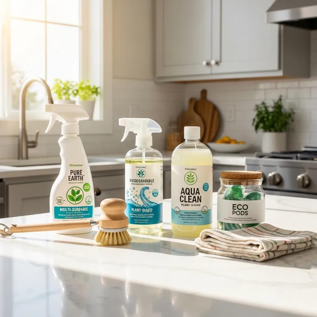 Eco-friendly cleaning products displayed in a bright kitchen