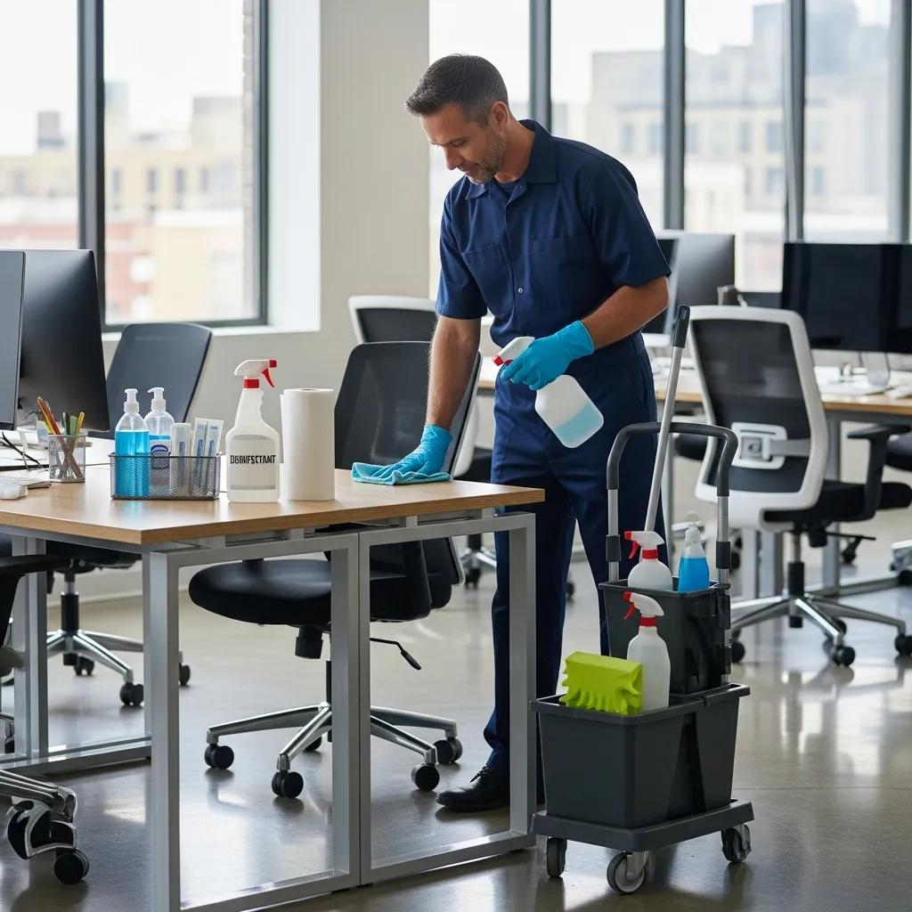Janitor cleaning an office space, highlighting the importance of workplace hygiene