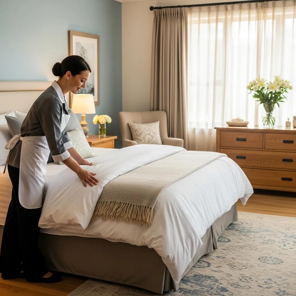 Maid service professional arranging fresh linens in a welcoming bedroom
