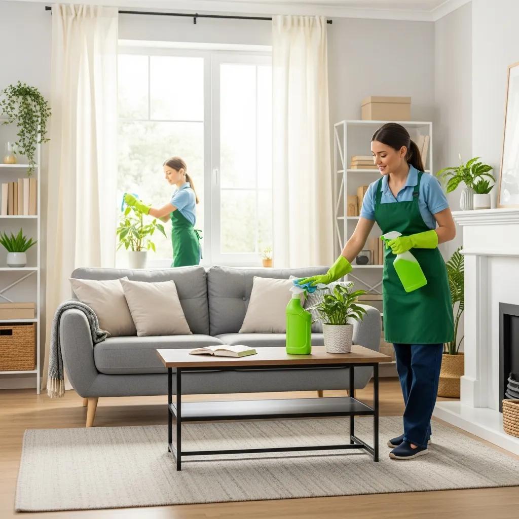Professional cleaner in a bright living room using eco-friendly products