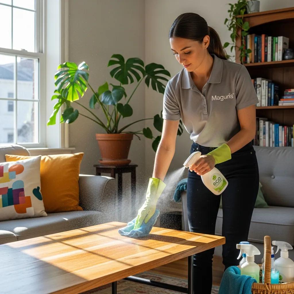 Professional cleaner in a bright living room using eco-friendly products
