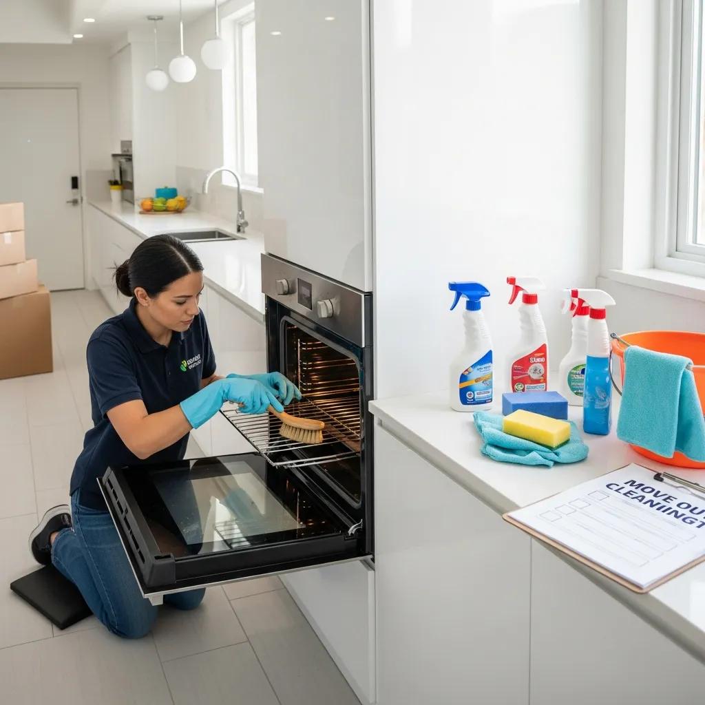 Professional cleaner scrubbing an oven in a move-out cleaning scenario