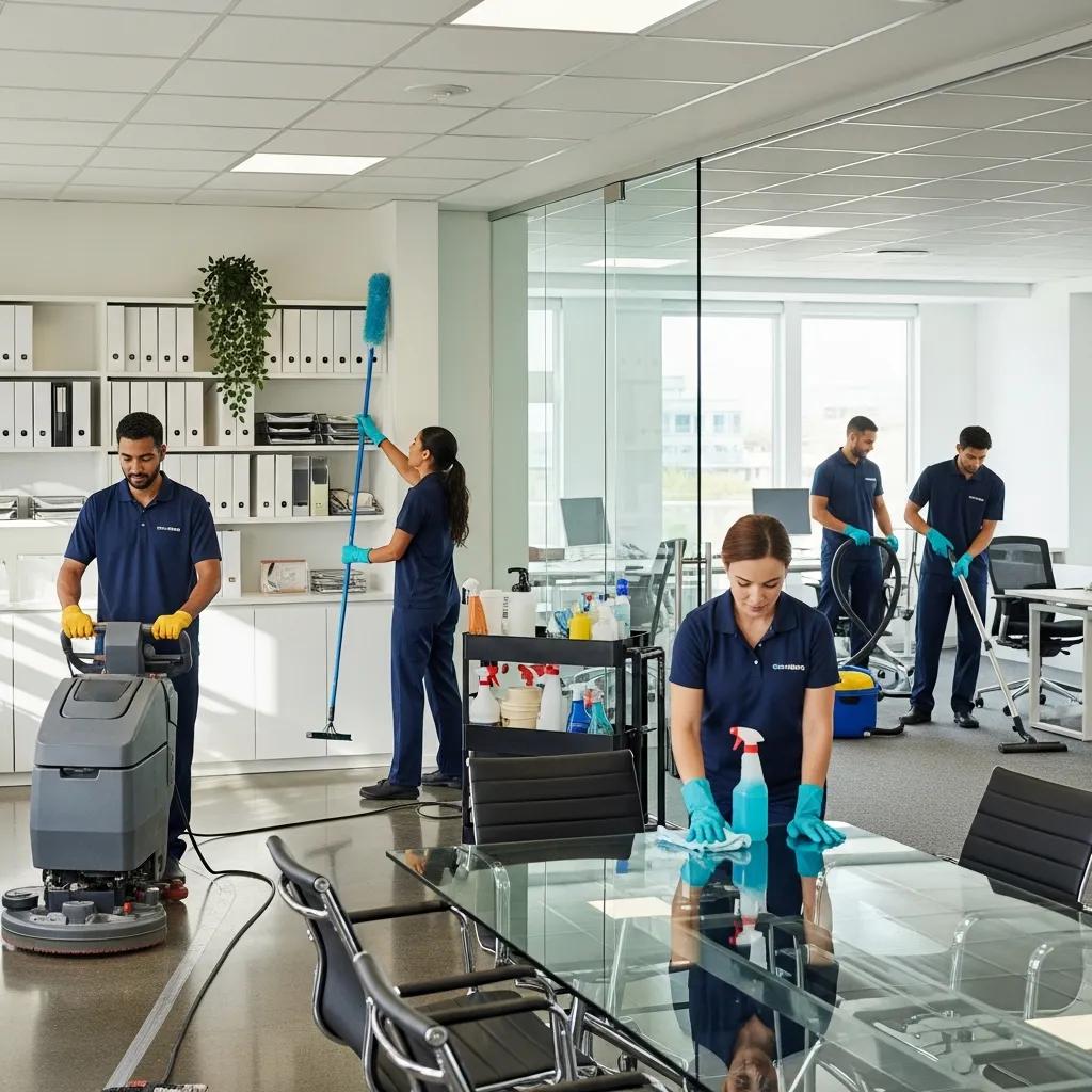 Professional cleaning team in a bright office, emphasizing commercial cleaning services