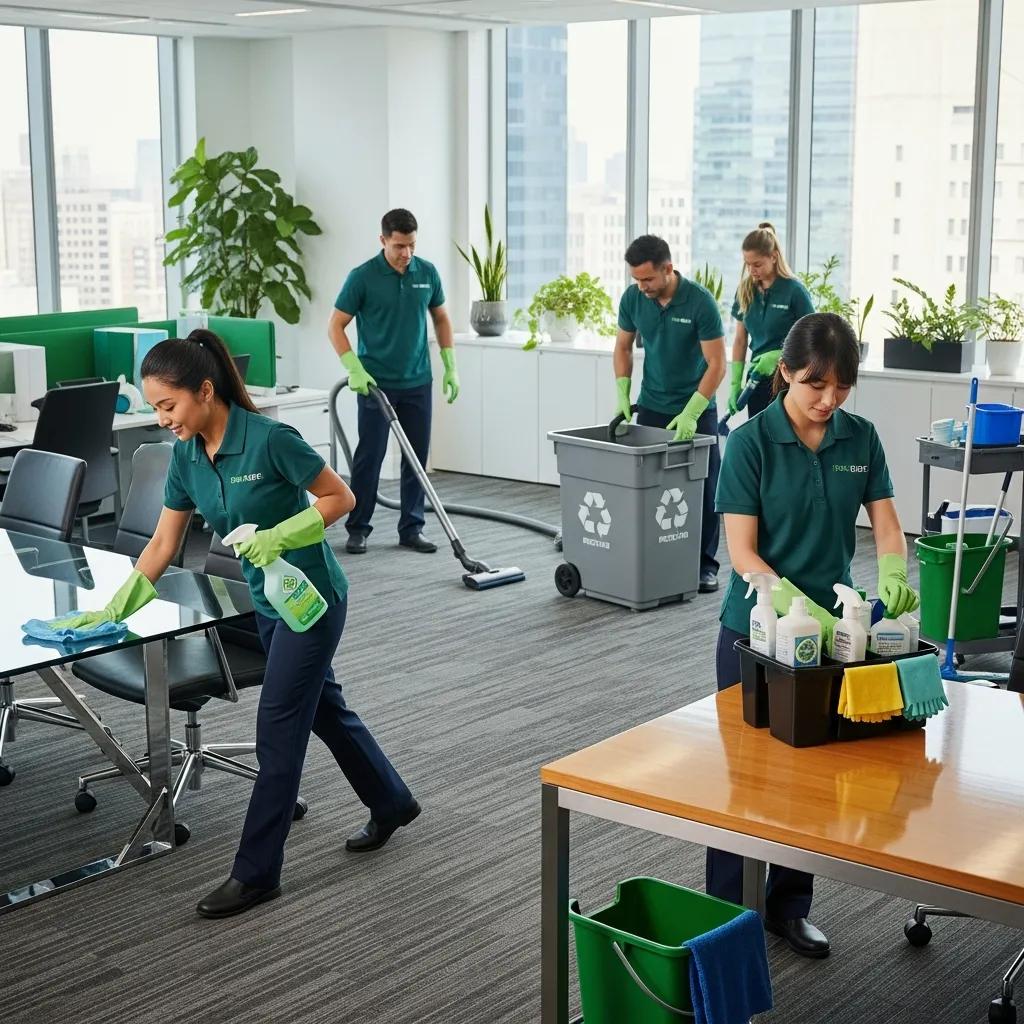 Professional cleaning team using eco-friendly products in a modern office